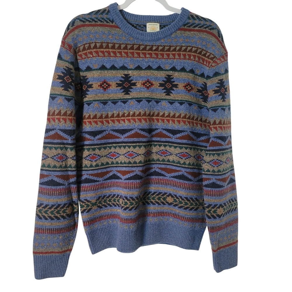 Faherty Good Feather Mens Blue Wool Southwestern Geometric Crewneck Sweater M